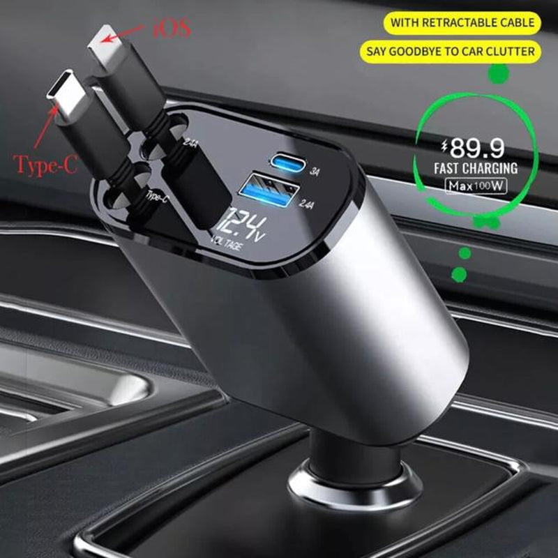 Retractable Car Charger, 4 in 1 Fast Car Phone Charger 66W, 2 Retractable Cables and USB Car Charger,Compatible with Iphone 15/14/13/12/11,Galaxy,Pixel