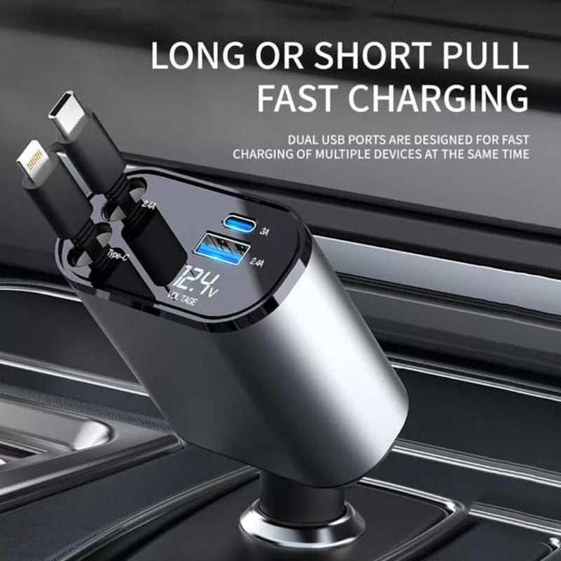 Retractable Car Charger, 4 in 1 Fast Car Phone Charger 66W, 2 Retractable Cables and USB Car Charger,Compatible with Iphone 15/14/13/12/11,Galaxy,Pixel