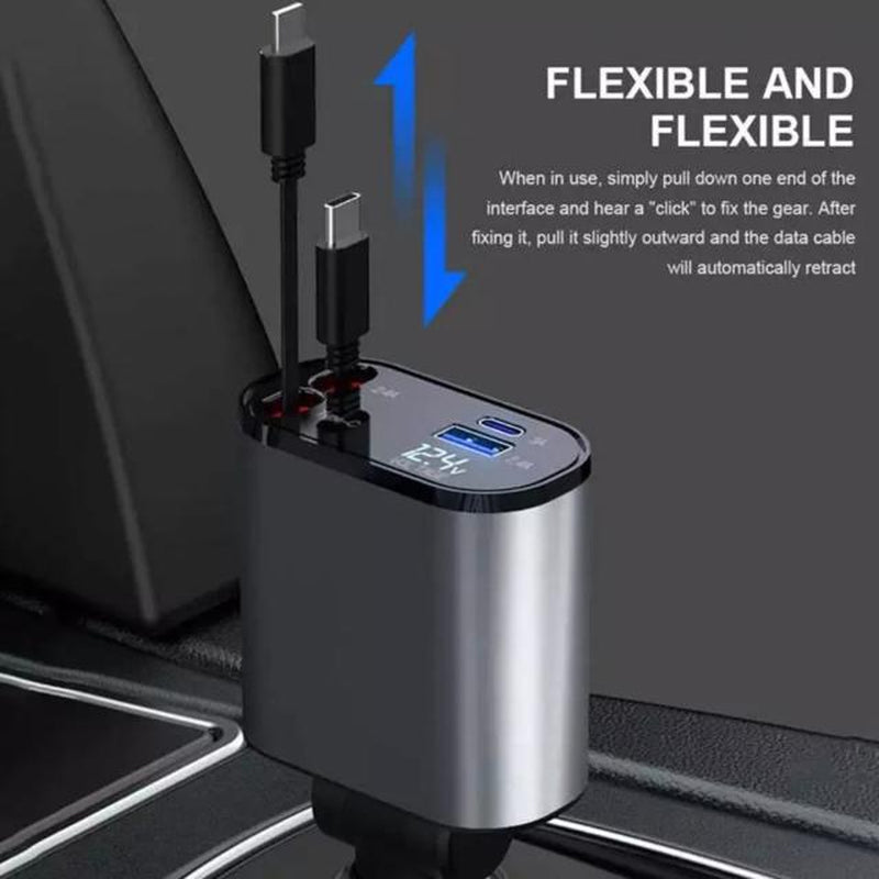 Retractable Car Charger, 4 in 1 Fast Car Phone Charger 66W, 2 Retractable Cables and USB Car Charger,Compatible with Iphone 15/14/13/12/11,Galaxy,Pixel