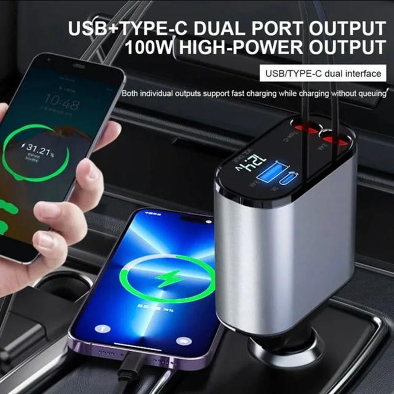 Retractable Car Charger, 4 in 1 Fast Car Phone Charger 66W, 2 Retractable Cables and USB Car Charger,Compatible with Iphone 15/14/13/12/11,Galaxy,Pixel