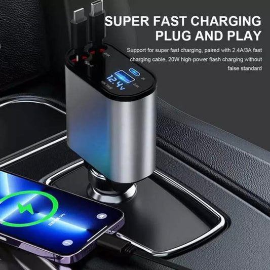 Retractable Car Charger, 4 in 1 Fast Car Phone Charger 66W, 2 Retractable Cables and USB Car Charger,Compatible with Iphone 15/14/13/12/11,Galaxy,Pixel