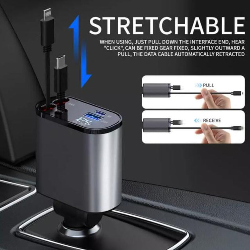 Retractable Car Charger, 4 in 1 Fast Car Phone Charger 66W, 2 Retractable Cables and USB Car Charger,Compatible with Iphone 15/14/13/12/11,Galaxy,Pixel
